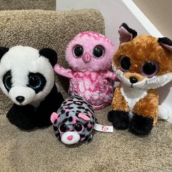Ty Beanie bios plush lot of 4 Panda bear Pinky Owl Fox Miles the Leopard 