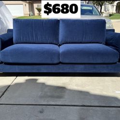 Brand New. Mid Century Modern Blue Velvet Sofa. Retails Over $1800. 