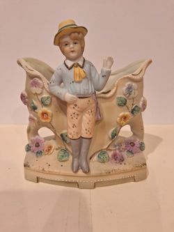 Vintage Hand Painted Bisque Boy Figurine Vase – Floral Accents – Japan Style – Mid 20th Century