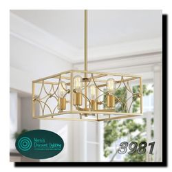 WUZUPS 4-Light Square Chandelier Pendant Ceiling Lighting Rustic Farmhouse Fixture for Kitchen Island Dining Room Entry, H 7.7" x W 15.7", E26 Base, G