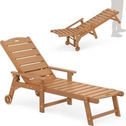Outdoor Chaise Lounge, HDPS Chaise Lounger, Pool Lounge Chair with Wheels, Teak Color