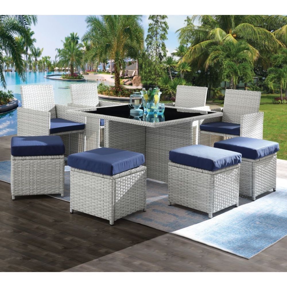 Patio Set Blue Fabric & Wicker 