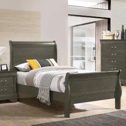 Brand New Myco Furniture  Louis Philippe Collection Twin Size Bed with 4 Legs and Slats Supports in a Gray Color