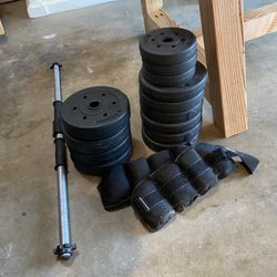 Selling Together 40” Weight Bar With 70 Lbs Of Weights And A Set Of Ankle Weights 
