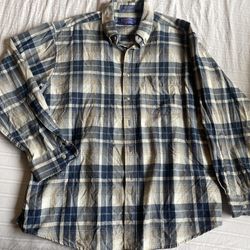 Vtg Sir Pendleton Plaid Flannel Button Up Blue Beige Large