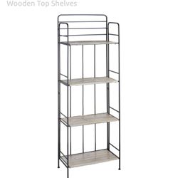 4-Tier Black Metal Baker Rack with Folding Wooden Top Shelves