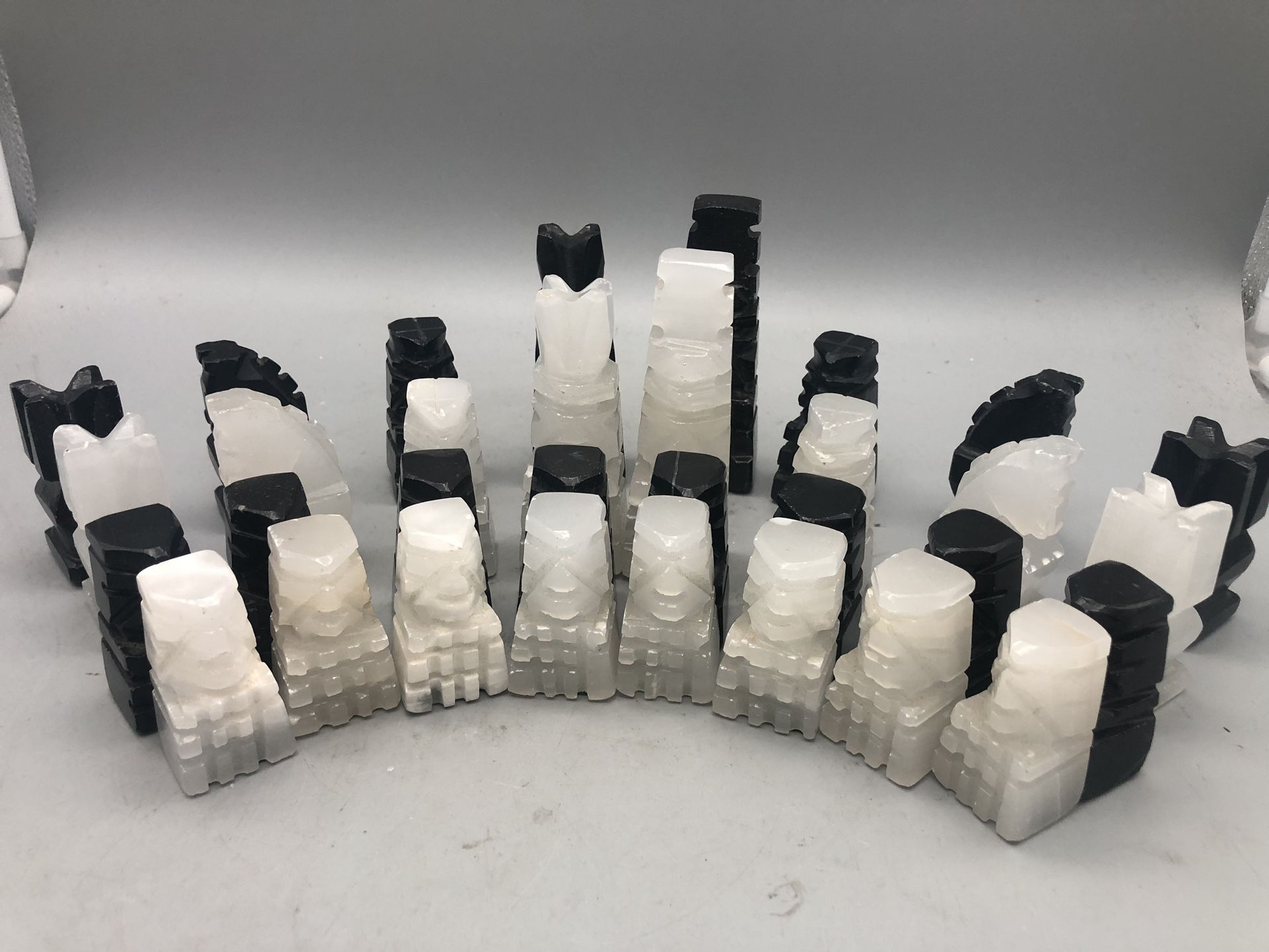 Vintage Onyx Chess Pieces In Wooden Box.