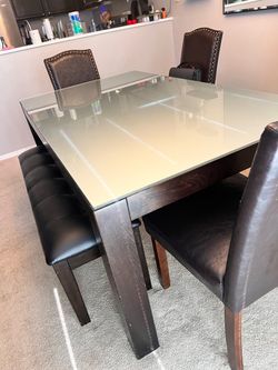 Modern Glass-Top Dining Table Set with Bench & Chairs