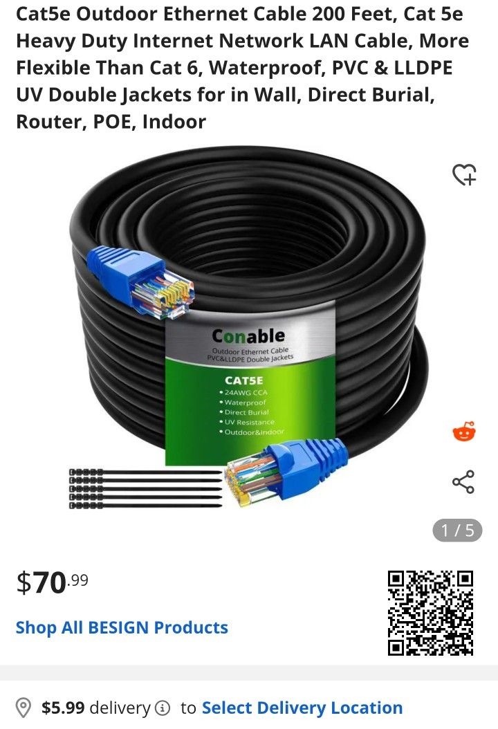 200ft Cat5e Outdoor Cable 『New』