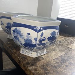 Large Asian White and Blue Planters 