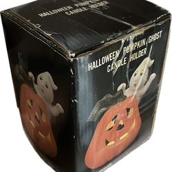 Vintage Halloween Pumpkin Ghost Candle Holder Porcelain Tealight Spooky Holiday