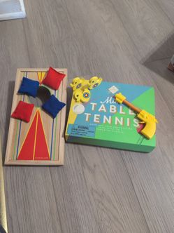 3 Tabletop Game Set - Cornhole, Tennis, and Duck Shooting (rubber bands)