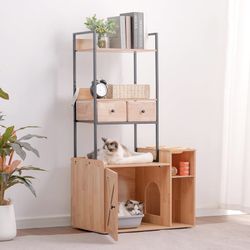 New in box! Cat Litter box enclosure furniture with shelves and drawer-dark brown wood