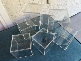 (7) Clear Acrylic Display Storage Cubes Box Containers with Lids 4”x4”x4”