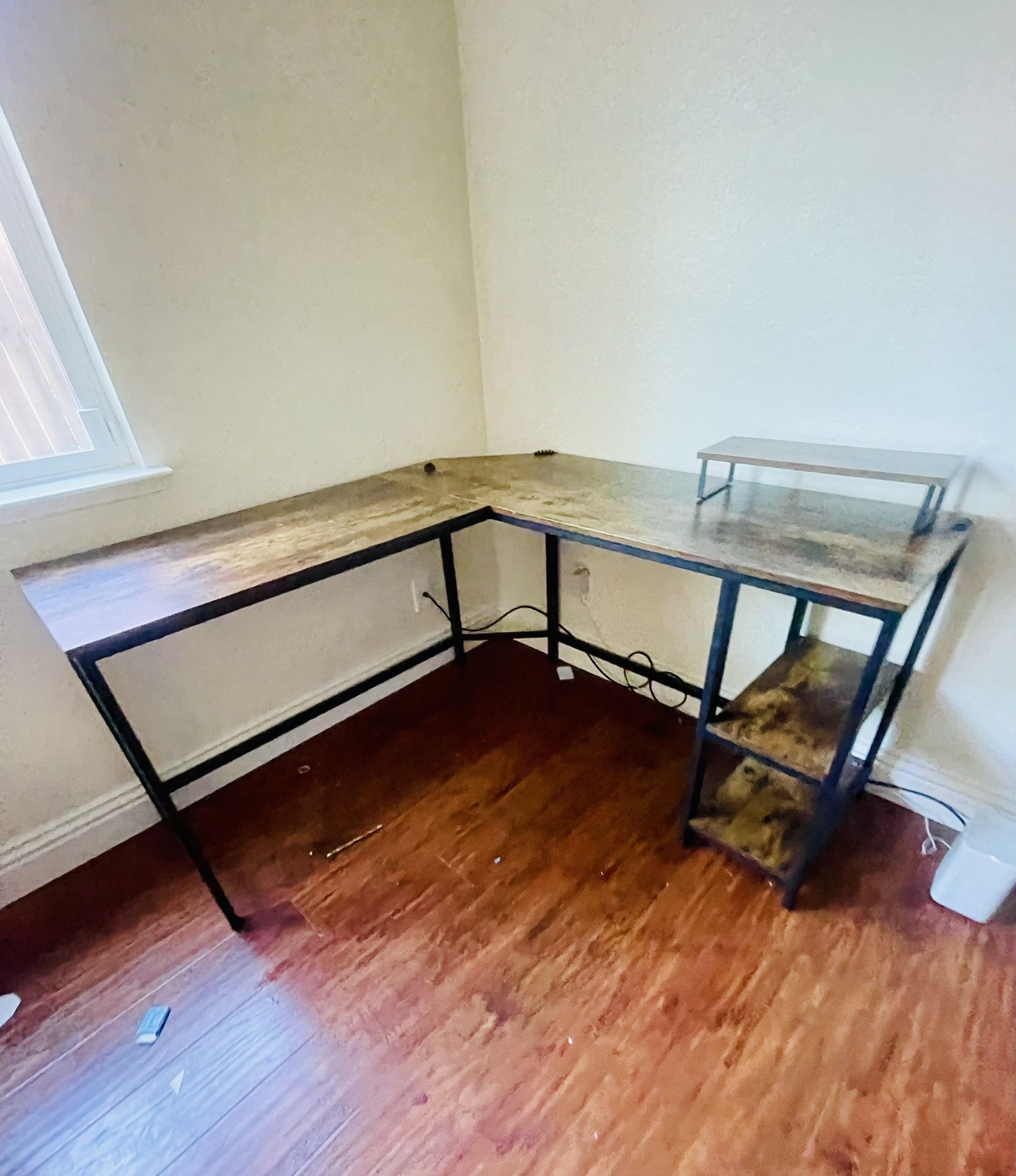 L Shape Wood and Metal Frame Computer Desk with 2 Shelves, Brown and Black