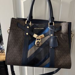 Michael Kors Navy Signature Nouveau Hamilton Large Satchel + Matching Wallet