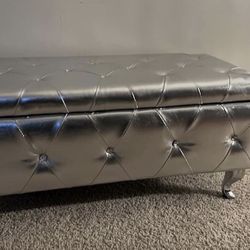 Storage Ottoman, 38'' Upholstered Silver Faux Leather