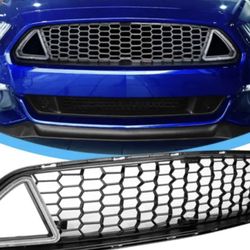 Fits 2015-2017 Mustang Front Upper Grill Grille Hood Mesh + Clear DRL LED Light