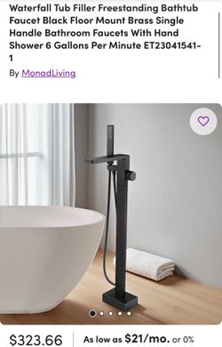 Waterfall Tub Filler Freestanding Bathtub Faucet Black Floor Mount Brass Single Handle Bathroom Faucets With Hand Shower 6 Gallons Per Minute ET230415