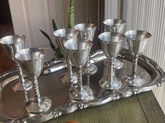 Set of 8 Vintage Plator Silver Wine Goblets - Made In Spain and Silver plated over a steel base, marked "EP on Steel manufactured in Hong Kong, dating