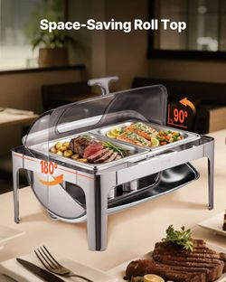 9Qt Stainless Steel Buffet Roll Top Chafing Dish w/ 2 Half-Size Pans & Visible Glass Lid / Fuel Holder / Food Warmer / Catering [NEW] Retails for $109