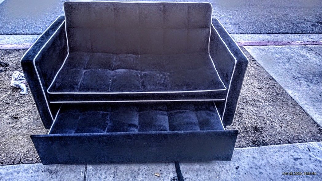 Beautiful Navy Blue Velvet With Cream Colored PipingLoveseat With Pull Out Bed