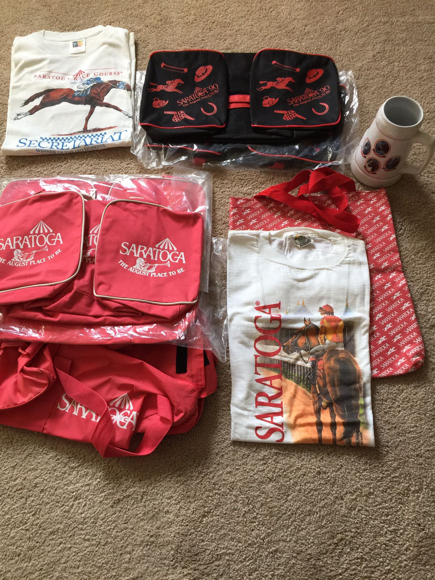 Saratoga Horse Racing items. Duffle and tote bags, tee shirts and mug.