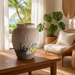 Textured Ceramic Vase with Ocean Fish Design