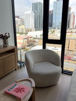 White Boucle Swivel Accent Chair 35”