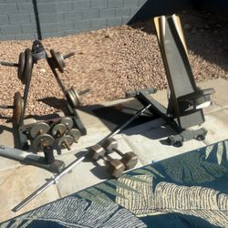 weights, bar, bench, weight stand, punching bag stand