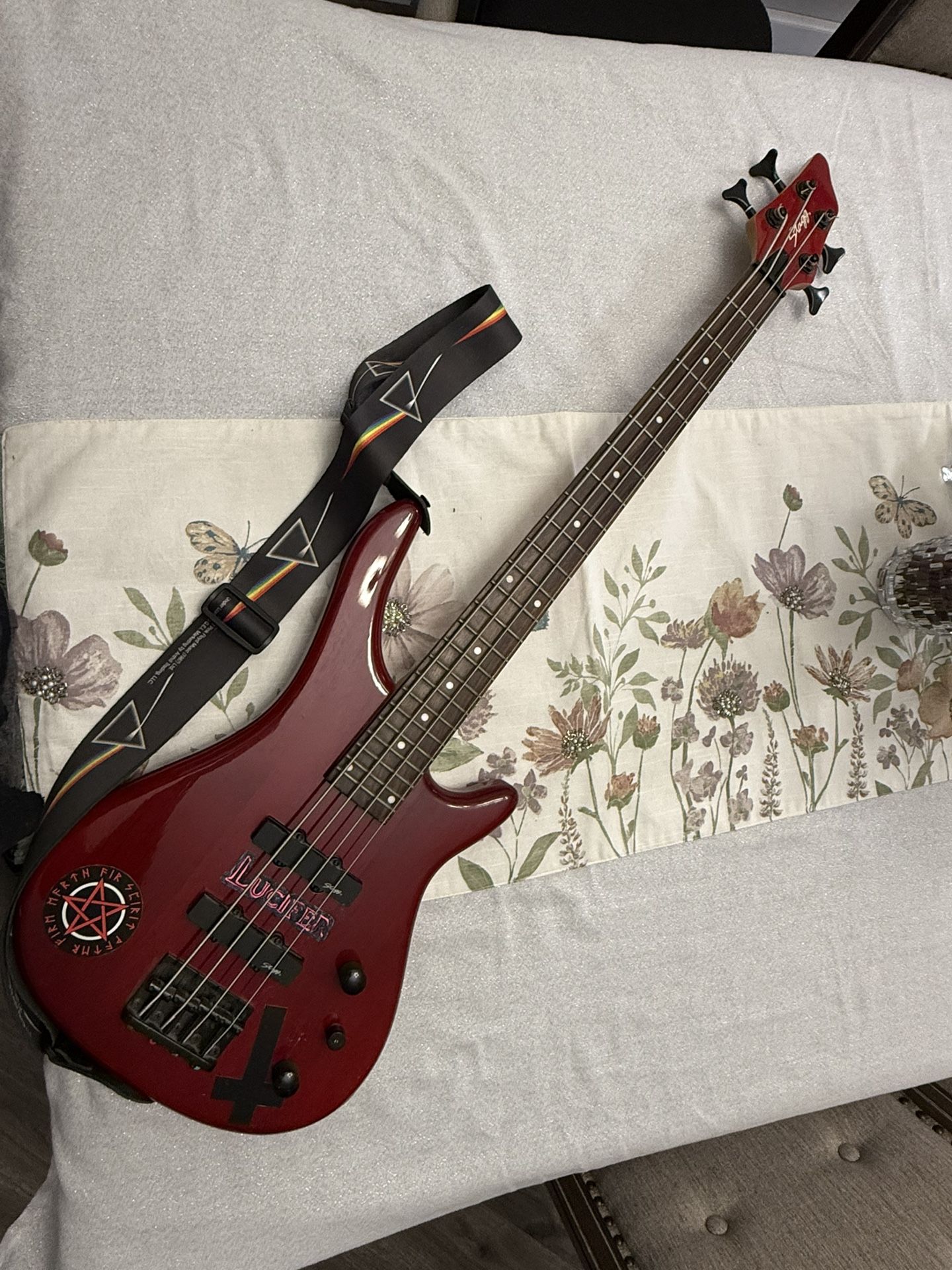 Stagg Dark Red Electric Bass And SP10 Amp And Cables