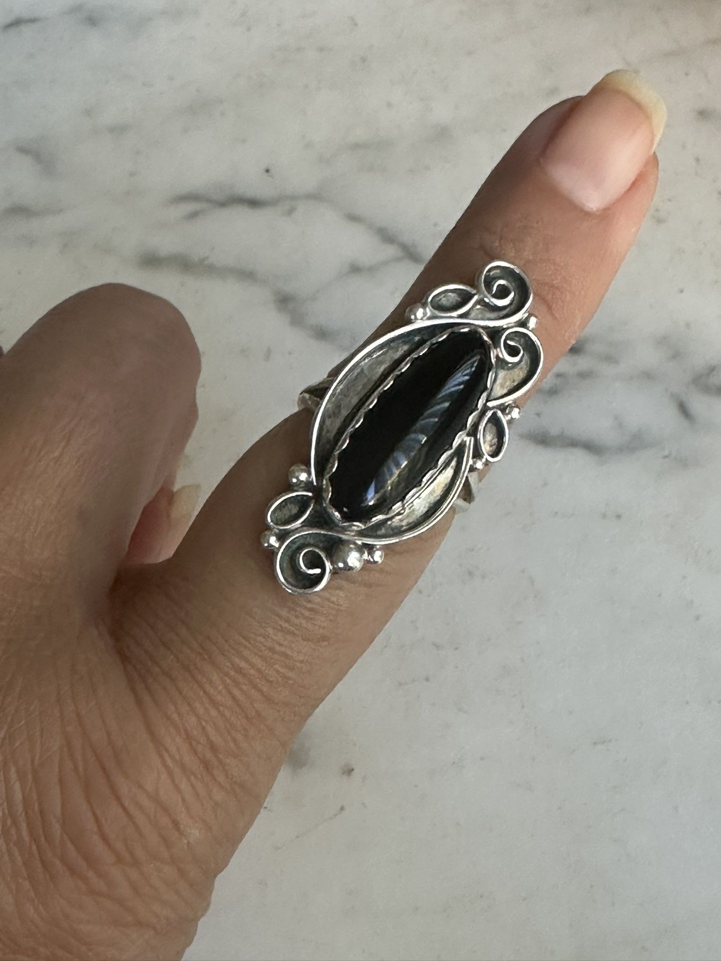 Vintage 925 Sterling Silver W/ Genuine Large Black Onyx Elongated Ring , Size 7 , Hallmarked MS Sterling, Gorgeous!
