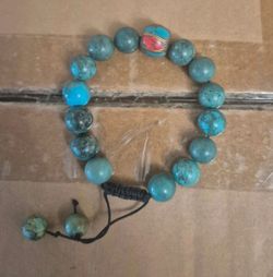 Turquoise Stone Bead Bracelet, Tibetan Accent Bead — $18