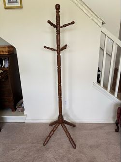 Vintage Solid Wood Spindle Carved Coat Rack, excellent condition, 2” diameter body, 70”H x 26”W bottom x 14”W top, 6 hanger rods.  Local pickup.