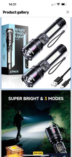 Bright LED Rechargeable Flashlight High Lumen 90000 6 Inch - 2 Pack