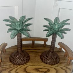 Vintage Set of 2 Cast Metal Tropical Palm Tree Taper Candle Candlestick Holders
