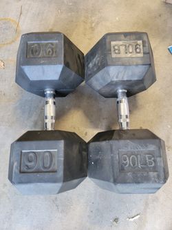 Pair Of 90 Lb. Hex Rubber Dumbbells 