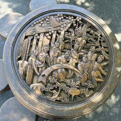 Vintage Carved Wood Tea Table With 4 Stools