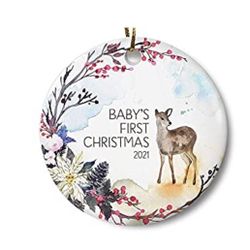 Brand new HATIST Baby's Frist Christmas Ornaments 2021, Double Side Printed Ceramic Memorial Xmas Tree Ornament Gift