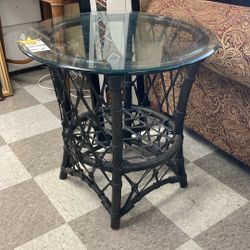 Black two-tier glass table with leather strap