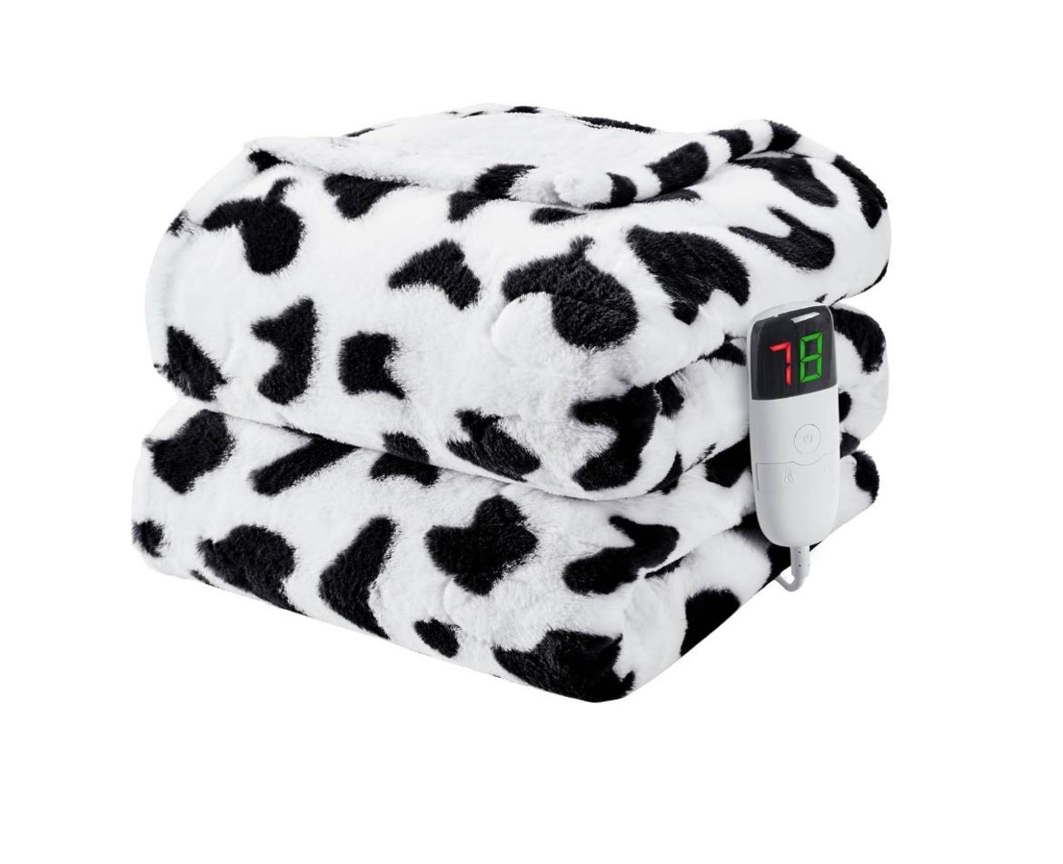 new Cow Print Heated Blanket Electric Throw, 50x60 Faux Rabbit Fur Heating Blanket with 10 Heating Levels & 8 Hours Auto Off, Soft Cozy Sherpa Winter