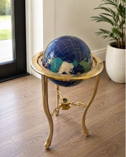 Vintage Gemstone Inlaid World Globe w/ Brass Tripod Stand & Compass