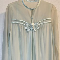 1950s Full Length Vintage Chiffon Nightgown & Robe Set Unbranded Teal Sheer
