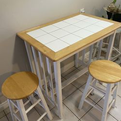 Wood & Tile Kitchen Table with Stools