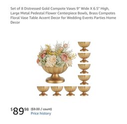 Set of 8 Distressed Gold Compote Vases 9" Wide X 6.5" High, Large Metal Pedestal Flower Centerpiece Bowls, Brass Compotes Floral Vase Table Accent Dec