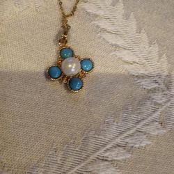 Italian gold Cross Gold Tone With Turquoise And White Pearl (No Real)