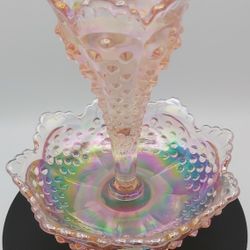 Gorgeous Vintage Fenton Pink Iridescent Hobnail 1-Horn Epergne With Original Sticker & Stamp (Rare)