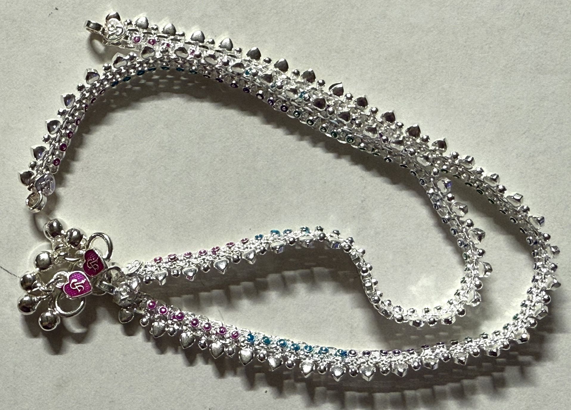 PAIR STERLING SILVER payal red green meena crystals BELL ANKLET BOLLYWOOD INDIA
