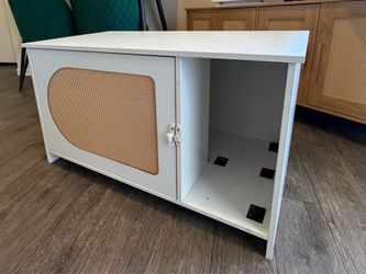 Hidden Cat Litter Box Enclosure Cabinet – White with Rattan Door