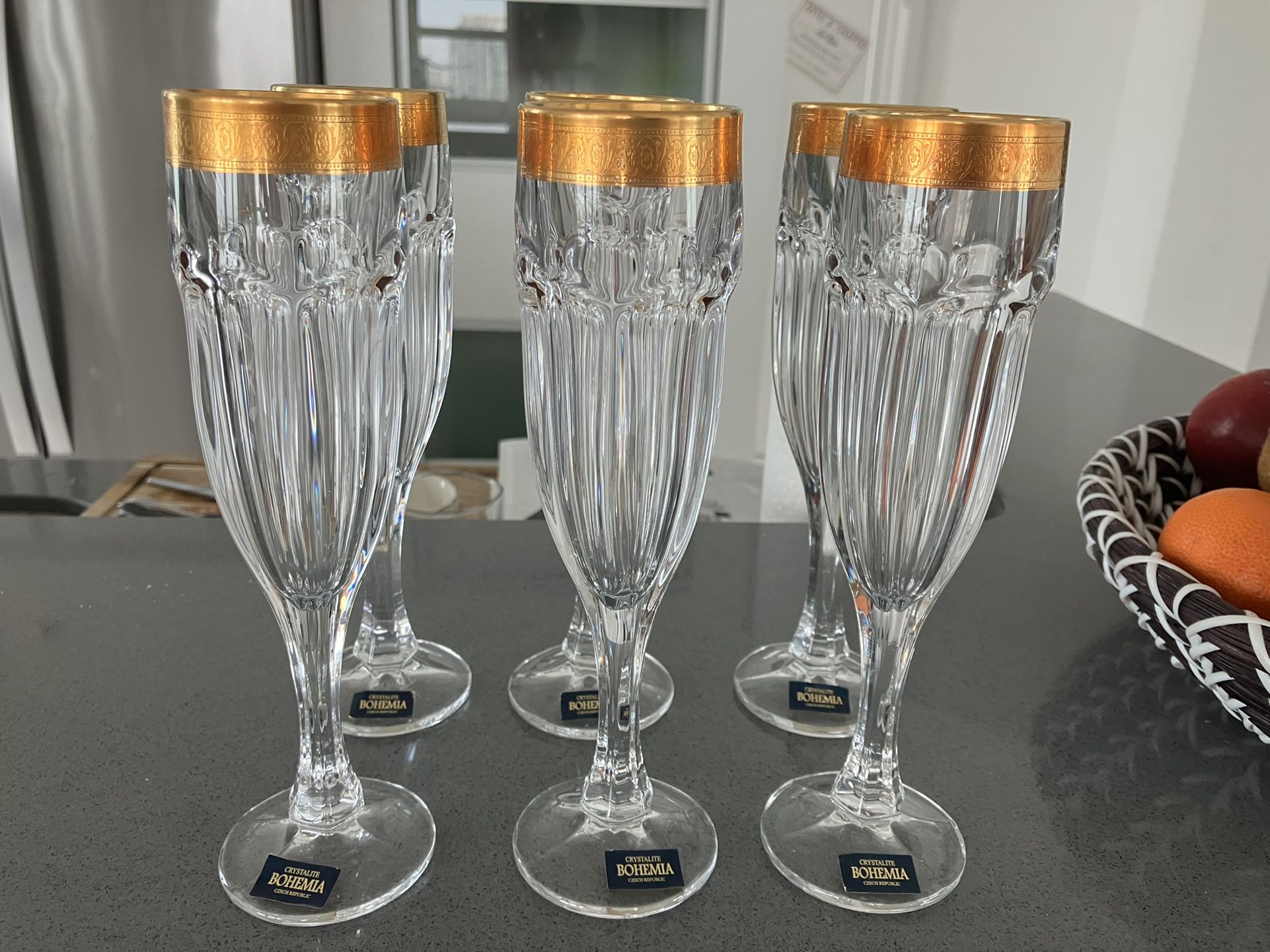 Champagne Glasses Set Of 6 Bohemia With Golden Rim